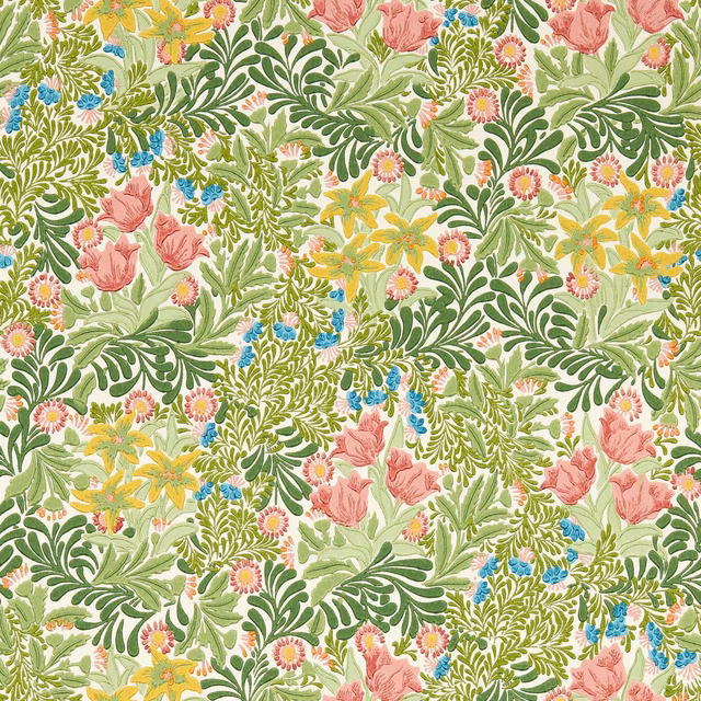 Green and rose floral wallpaper with scrolling leaves, blue sprigs and yellow flowers