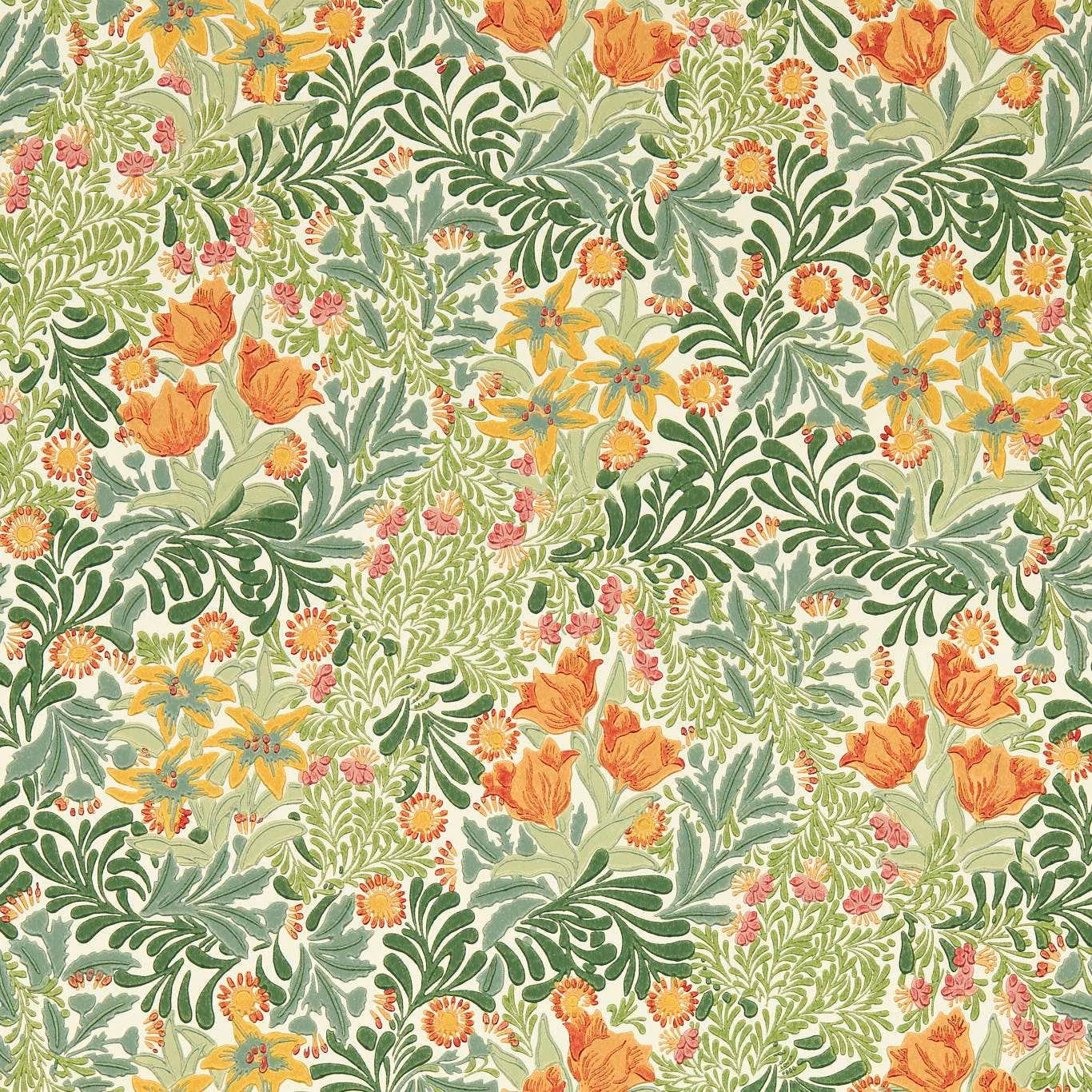 Sage green botanical wallpaper with orange poppies, yellow flowers and curling leafy sprays