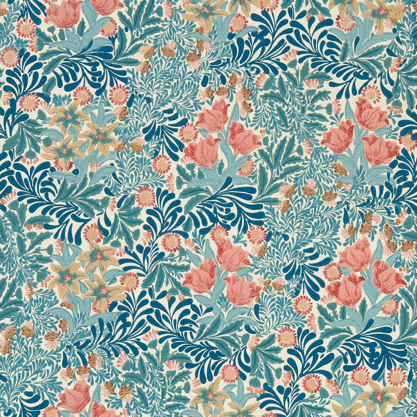 Dense teal and indigo foliage with coral flowers on a warm cream botanical wallpaper ground