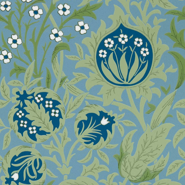 Muted blue botanical wallpaper with sage foliage, white blossoms and deep teal medallions