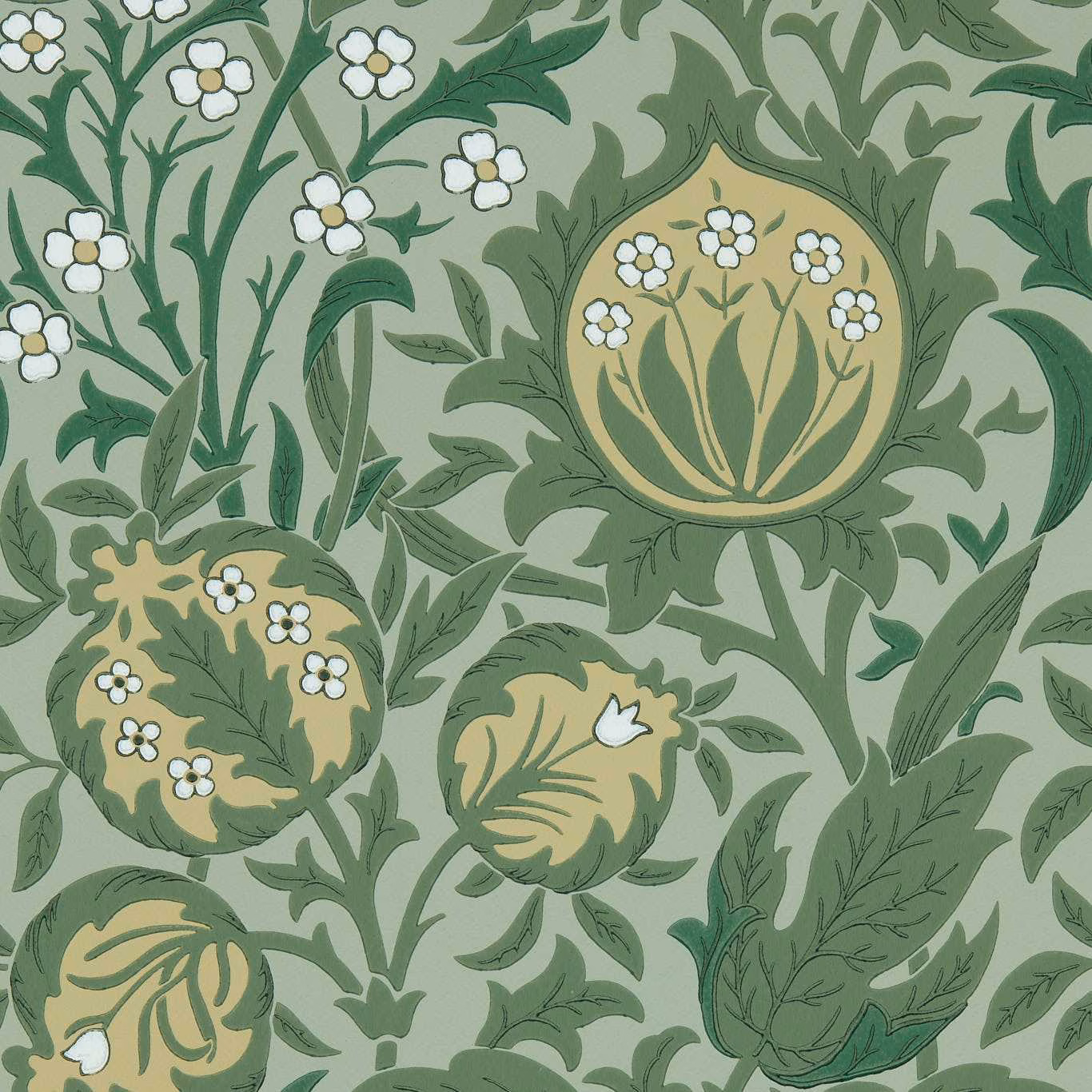Sage green botanical wallpaper with olive leaves, ochre roundels and white flowers