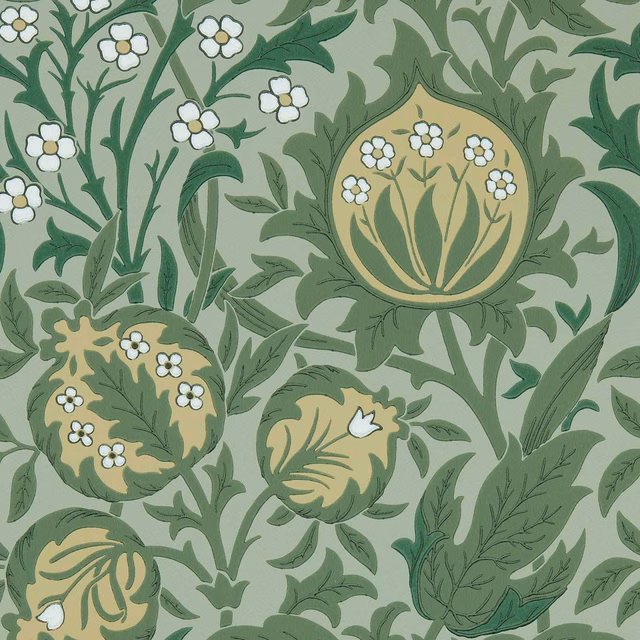Sage green botanical wallpaper with olive leaves, ochre roundels and white flowers