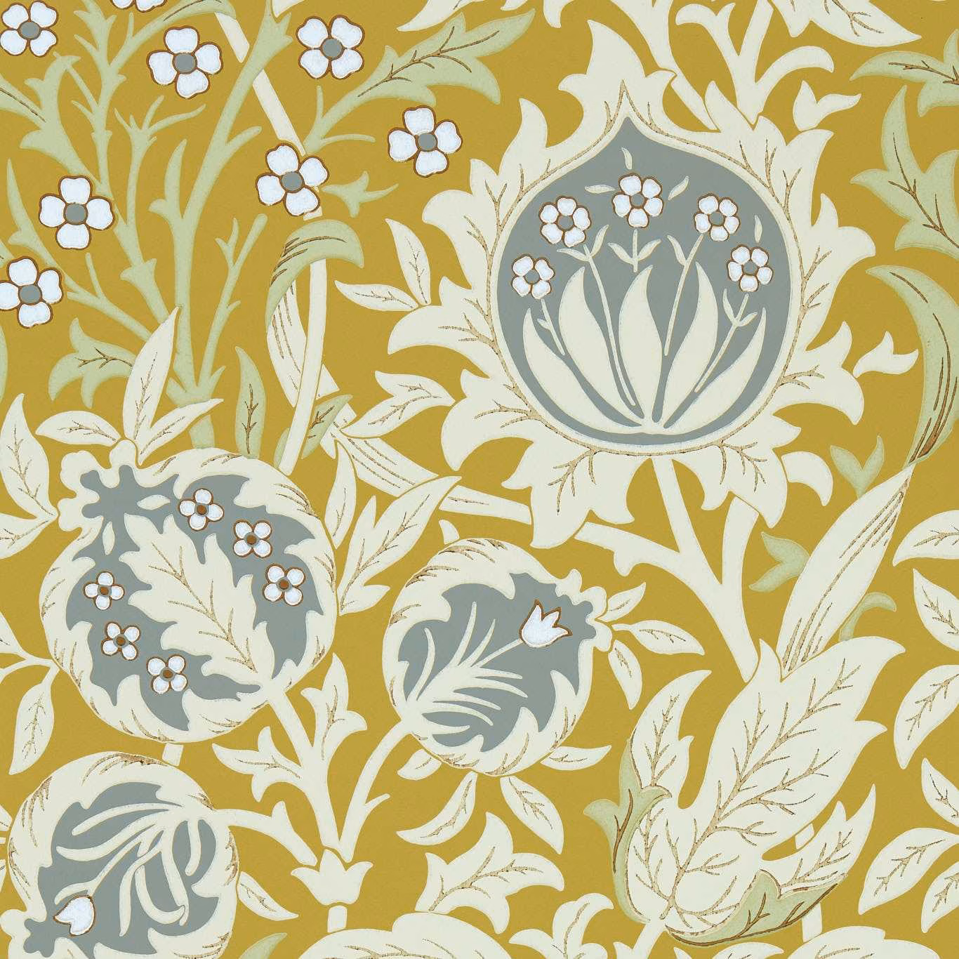 Mustard wallpaper with cream foliage, white blossoms and blue-grey botanical medallions