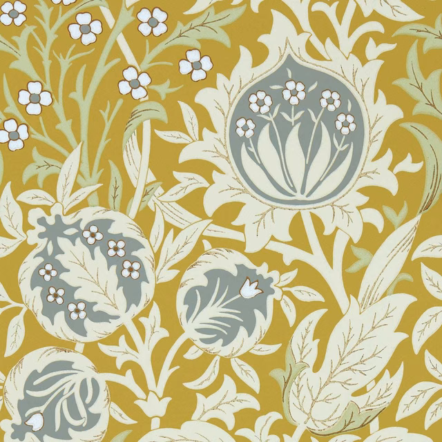 Mustard wallpaper with cream foliage, white blossoms and blue-grey botanical medallions