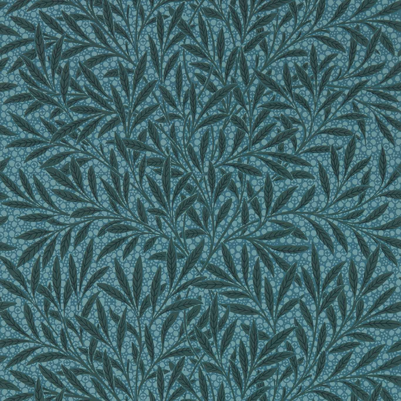 Muted blue-teal wallpaper with densely branching willow leaves and dotted foliage