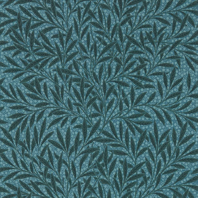 Muted blue-teal wallpaper with densely branching willow leaves and dotted foliage