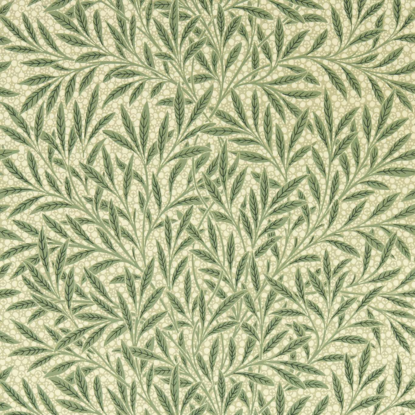 Muted willow-green leafy sprigs over a warm cream botanical wallpaper ground