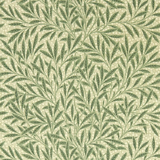 Muted willow-green leafy sprigs over a warm cream botanical wallpaper ground