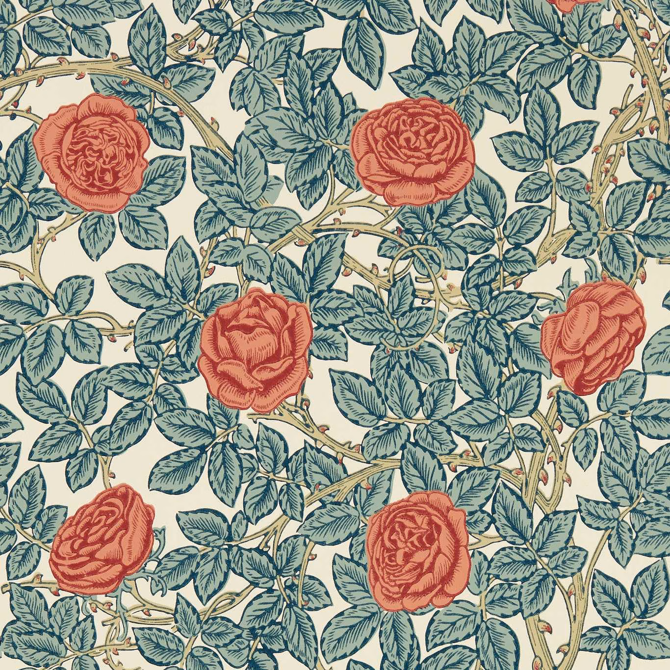 Cream wallpaper with coral roses and dense blue-green leaves on winding stems