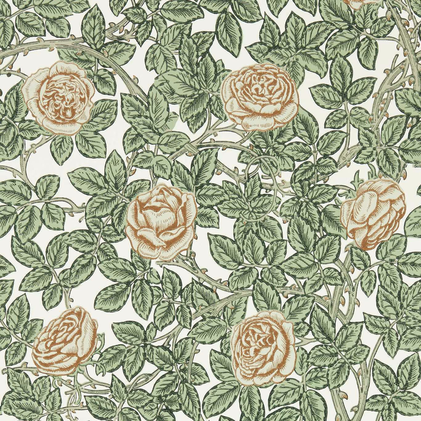 Ivory wallpaper with sage rose leaves and softly ochre botanical blooms