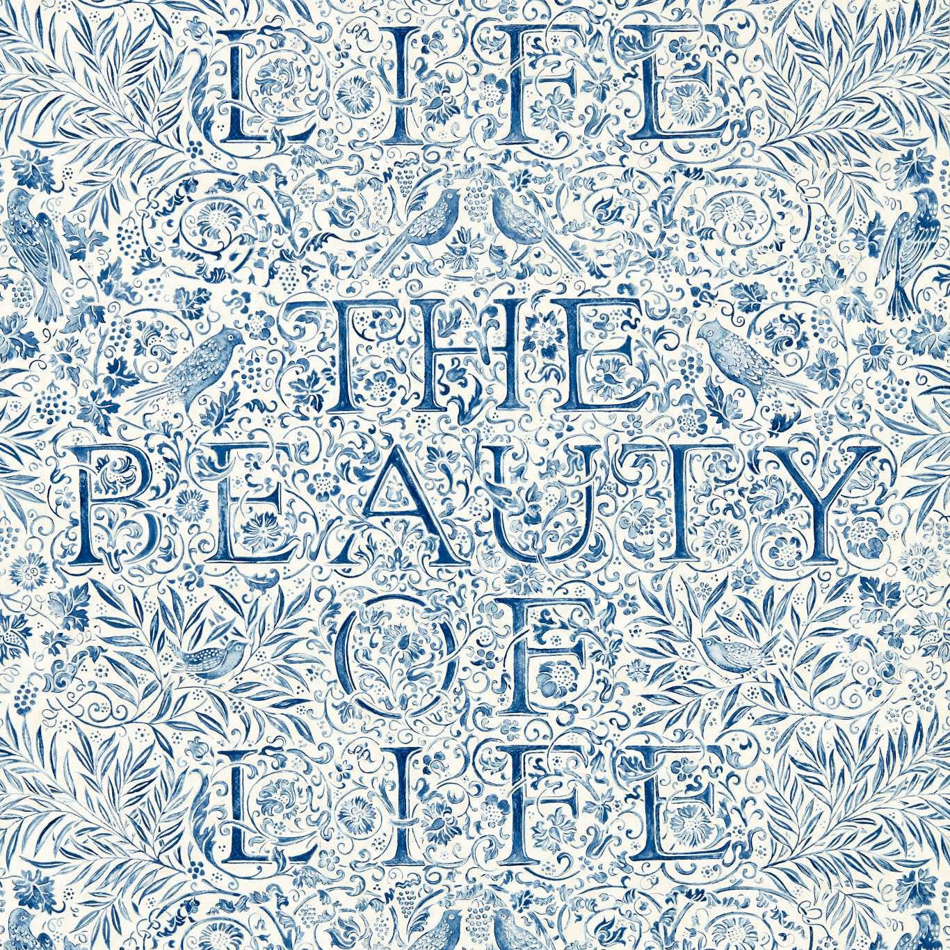 Ivory wallpaper with cool indigo lettering, birds, foliage and intricate floral scrollwork