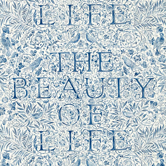 Ivory wallpaper with cool indigo lettering, birds, foliage and intricate floral scrollwork
