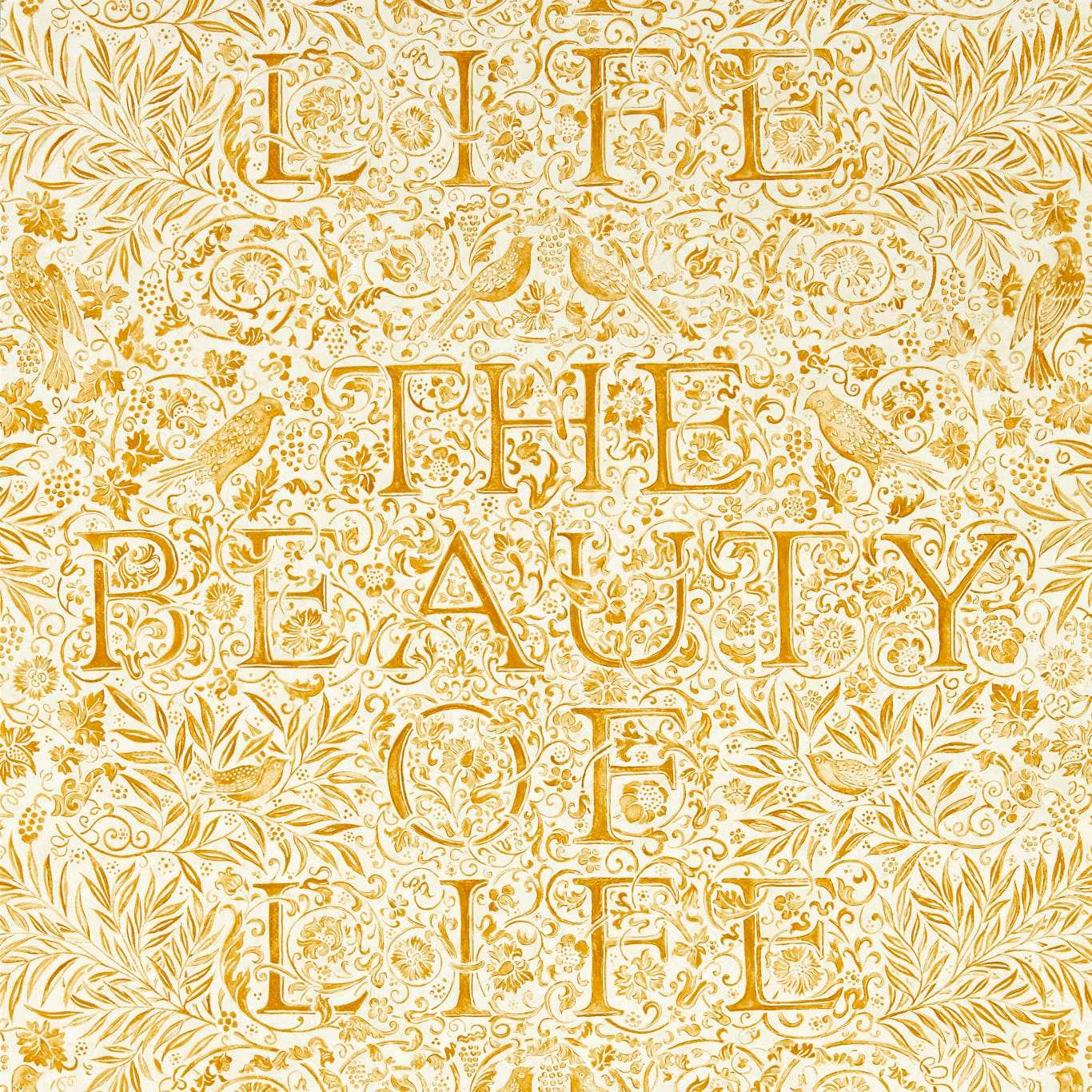 Cream wallpaper with sunflower-gold lettering, birds, scrolling foliage and fine botanical motifs