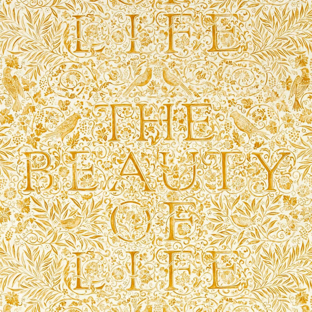 Cream wallpaper with sunflower-gold lettering, birds, scrolling foliage and fine botanical motifs