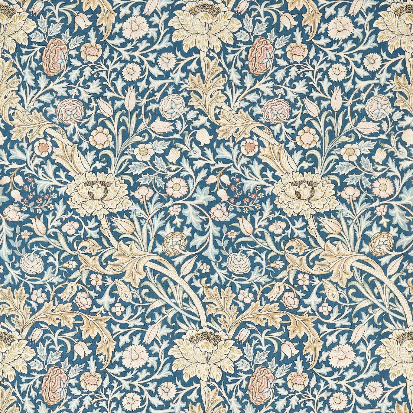 Teal wallpaper with cream scrolling florals, blush flowers and muted gold leaves