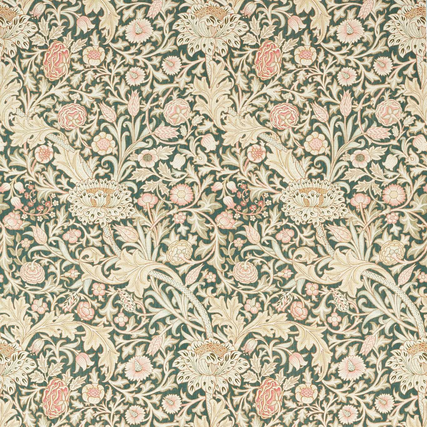 Muted teal wallpaper with cream foliage and blush-pink flowers in a dense botanical repeat