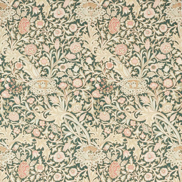 Muted teal wallpaper with cream foliage and blush-pink flowers in a dense botanical repeat