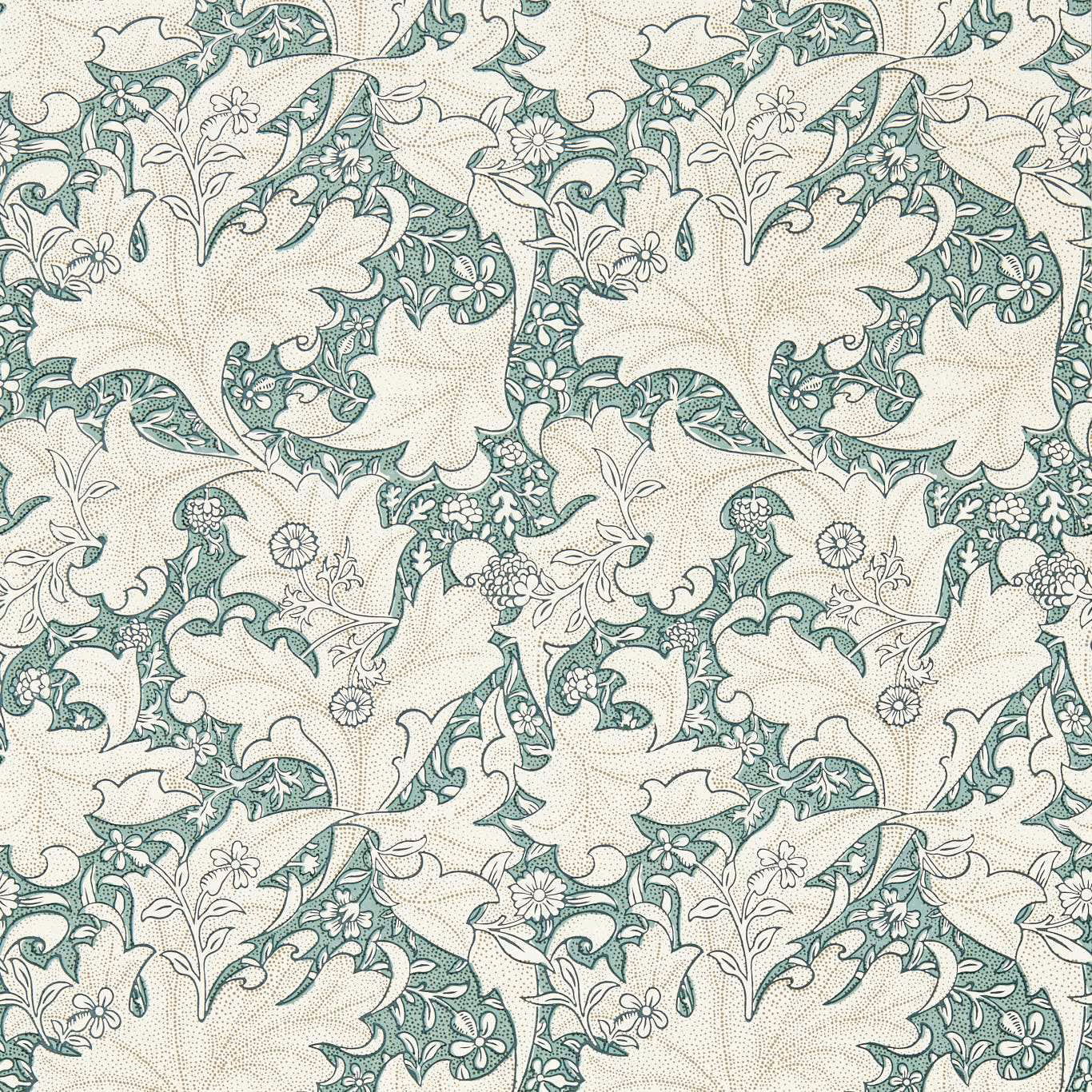 Sage-green scrolling florals and outlined blossoms across a softly textured cream ground