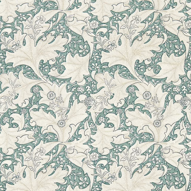 Sage-green scrolling florals and outlined blossoms across a softly textured cream ground