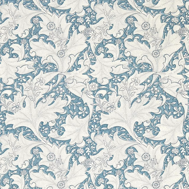 Muted woad-blue floral foliage pattern over a finely stippled cream wallpaper ground