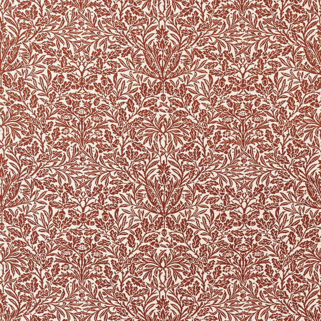 Dense madder-red botanical vines and leaves woven across a warm ivory ground