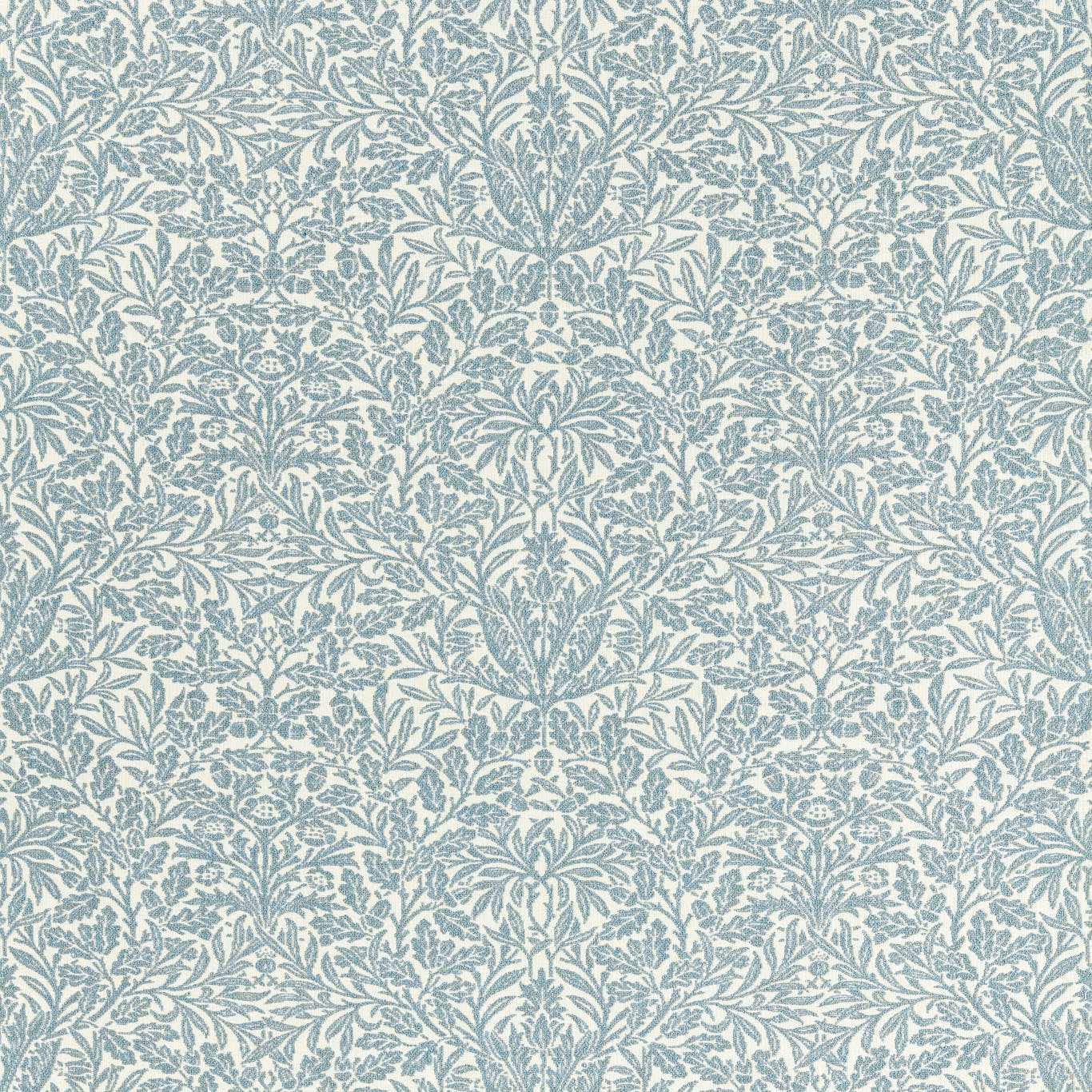 Muted mineral blue botanical vines woven across a pale textured fabric ground