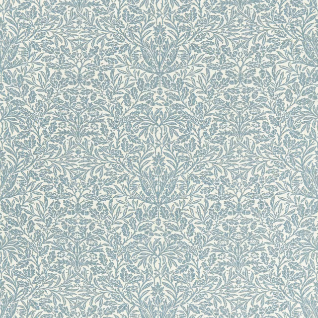 Muted mineral blue botanical vines woven across a pale textured fabric ground