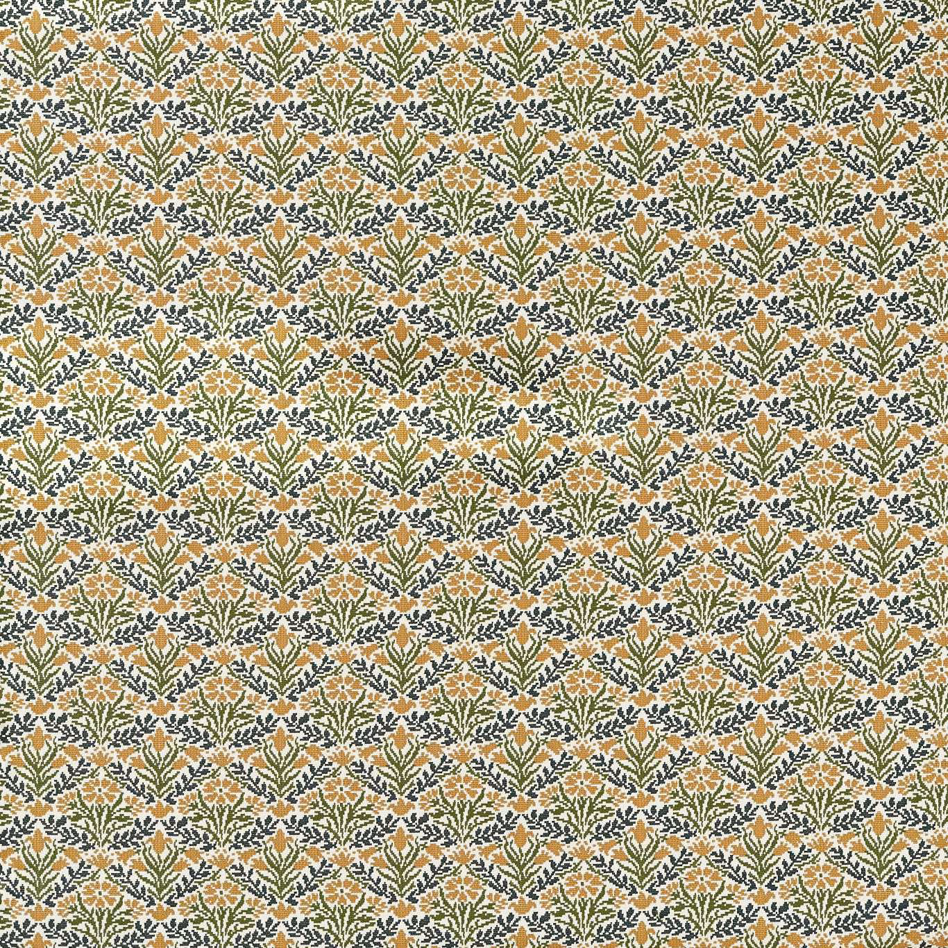 Moss green and wheat bellflower motifs in a dense textured outdoor weave