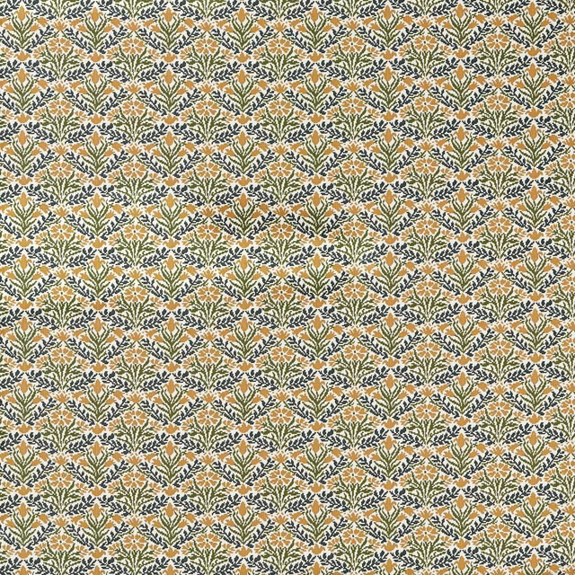 Moss green and wheat bellflower motifs in a dense textured outdoor weave