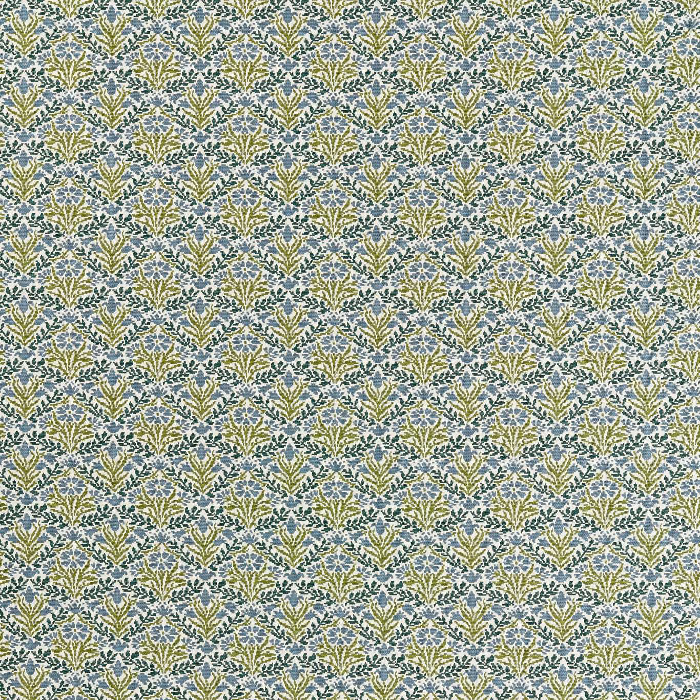 Sky-blue woven fabric with repeating forest-green leafy bellflower motifs and cream accents
