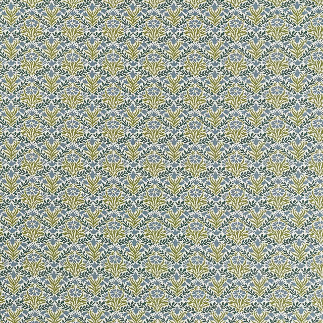 Sky-blue woven fabric with repeating forest-green leafy bellflower motifs and cream accents