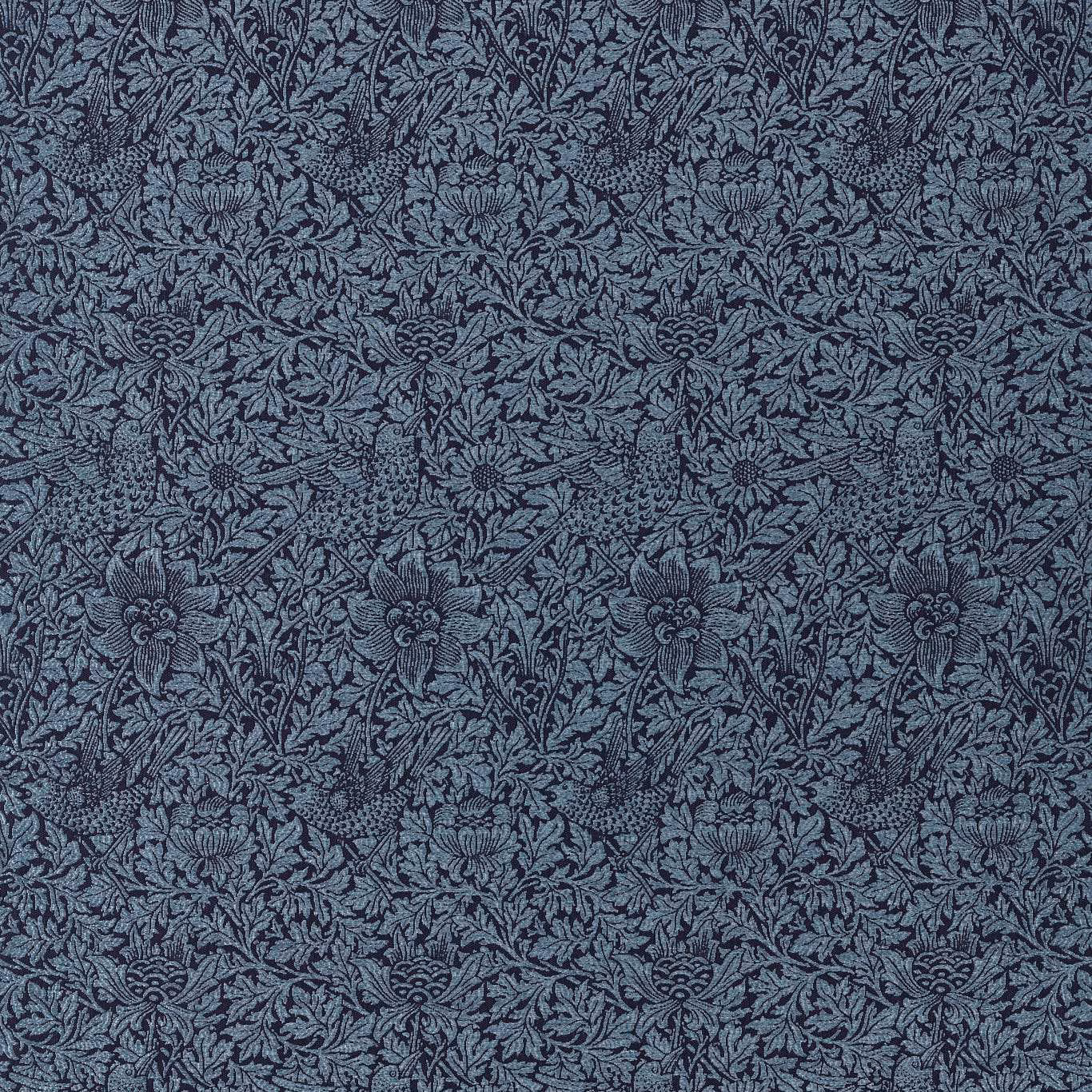 Dense indigo weave with blue-grey anemones, foliage and small birds