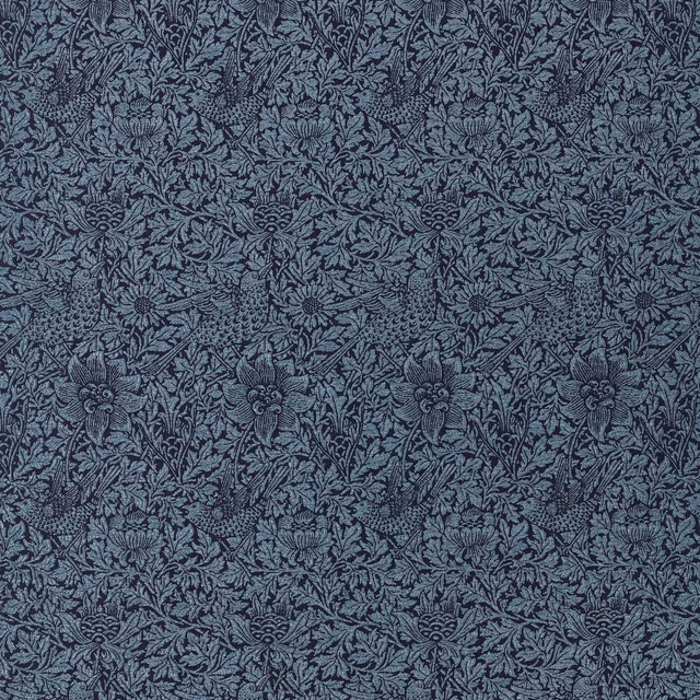 Dense indigo weave with blue-grey anemones, foliage and small birds