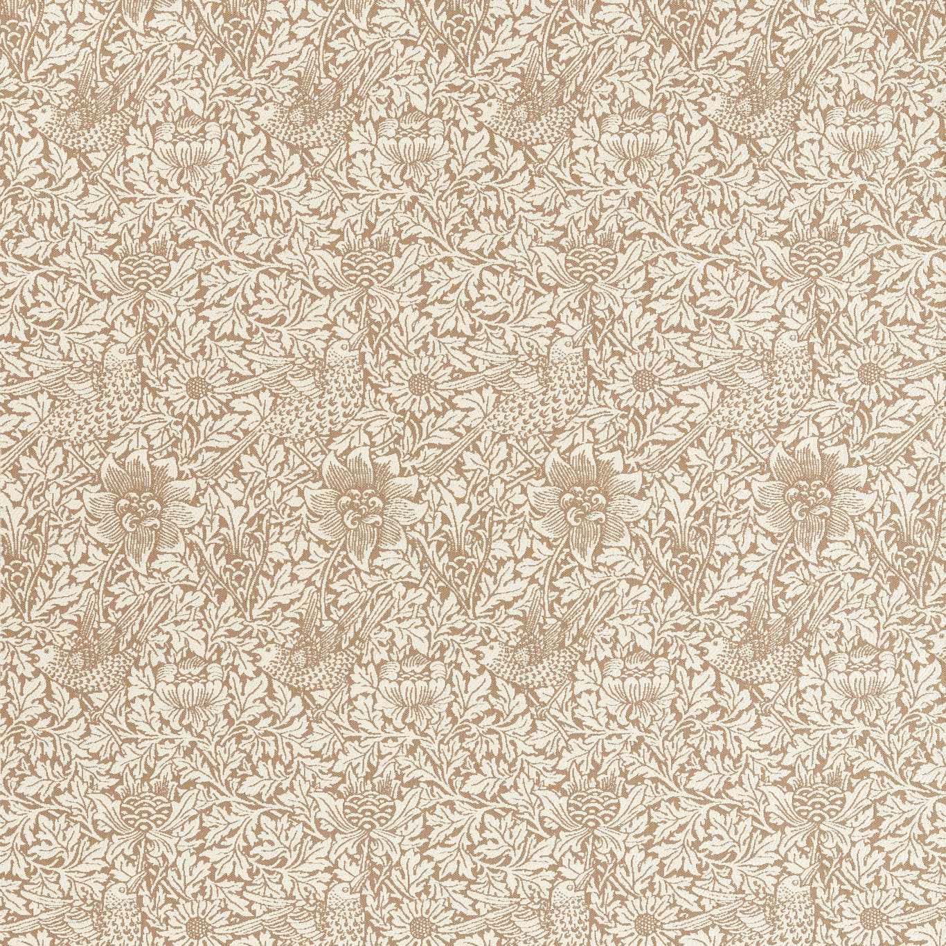 Warm beige woven fabric with ivory birds, flowers and curling botanical stems