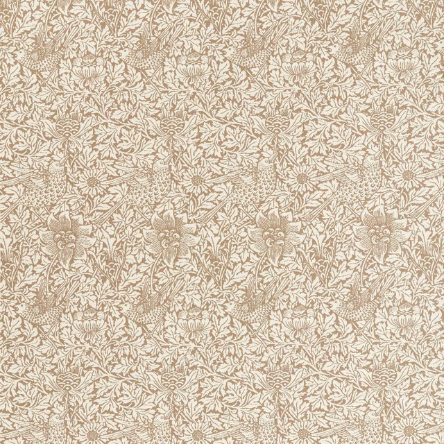Warm beige woven fabric with ivory birds, flowers and curling botanical stems