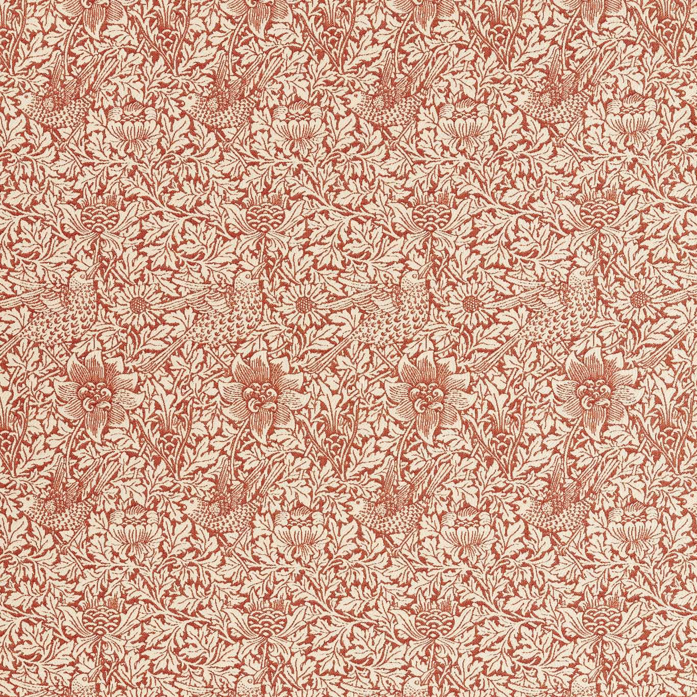 Warm rose and cream woven birds, anemones and scrolling foliage in close view
