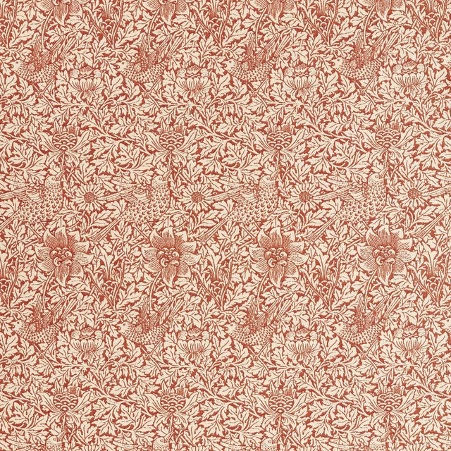 Warm rose and cream woven birds, anemones and scrolling foliage in close view