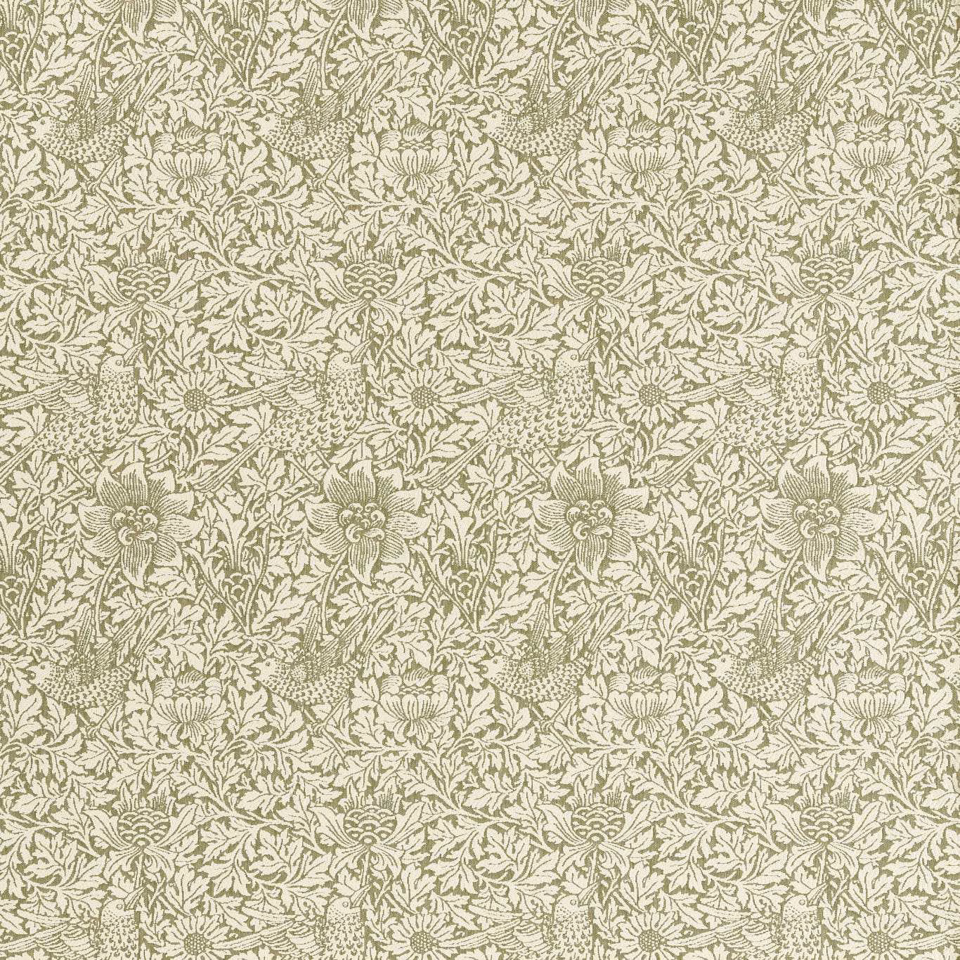 Muted sage and cream woven fabric with birds, anemones and dense leafy foliage