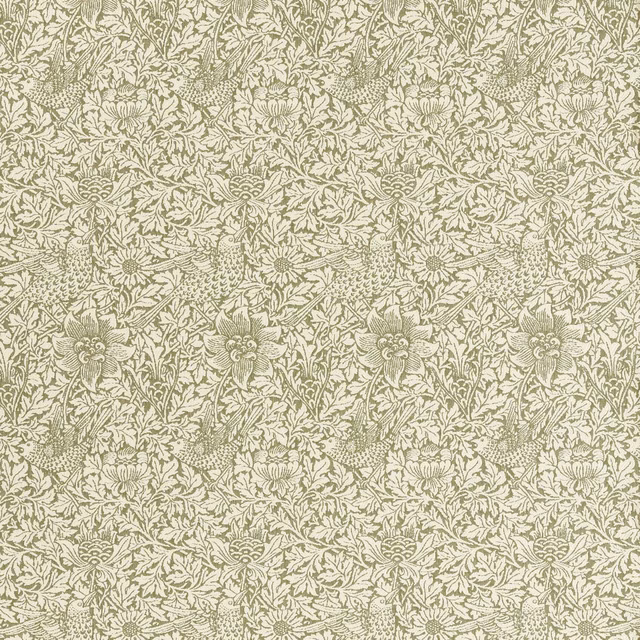Muted sage and cream woven fabric with birds, anemones and dense leafy foliage