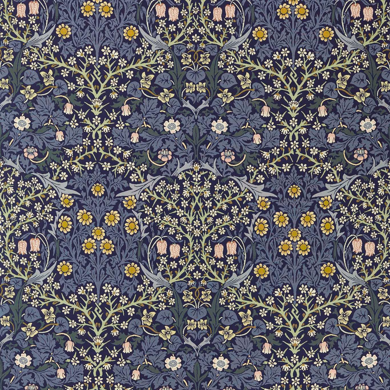 Dense indigo floral weave with ochre blooms, sage leaves and pale blue sprays