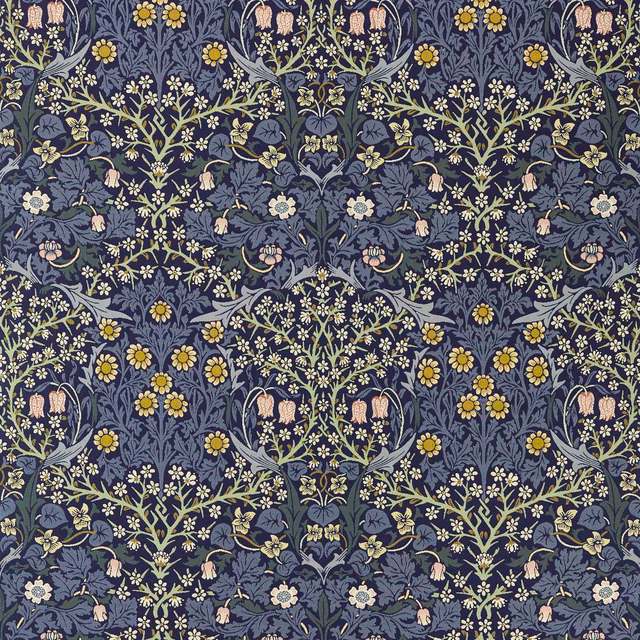 Dense indigo floral weave with ochre blooms, sage leaves and pale blue sprays