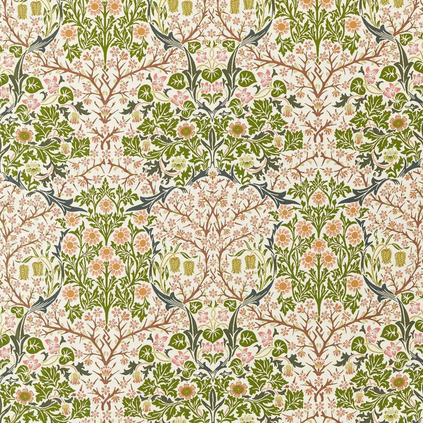 Cream-ground botanical weave with olive foliage and clay-toned branching motifs