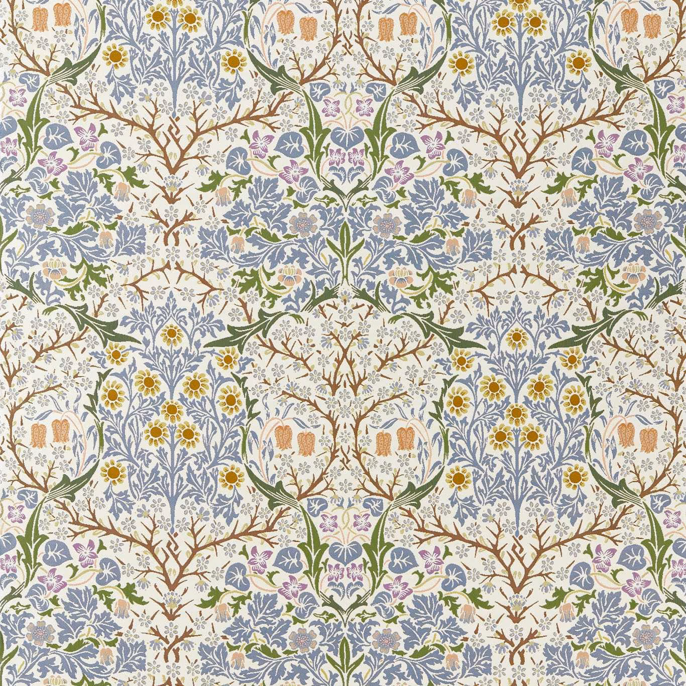 Sky blue botanical textile with blue-grey leaves, yellow flowers and brown branching stems