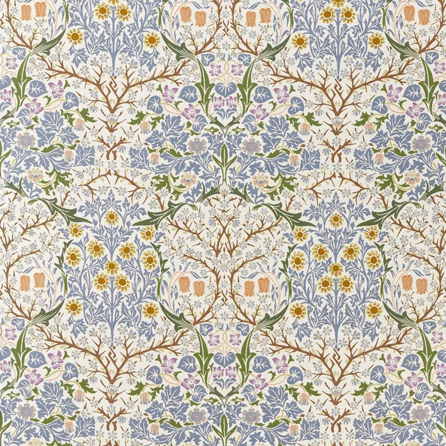 Sky blue botanical textile with blue-grey leaves, yellow flowers and brown branching stems