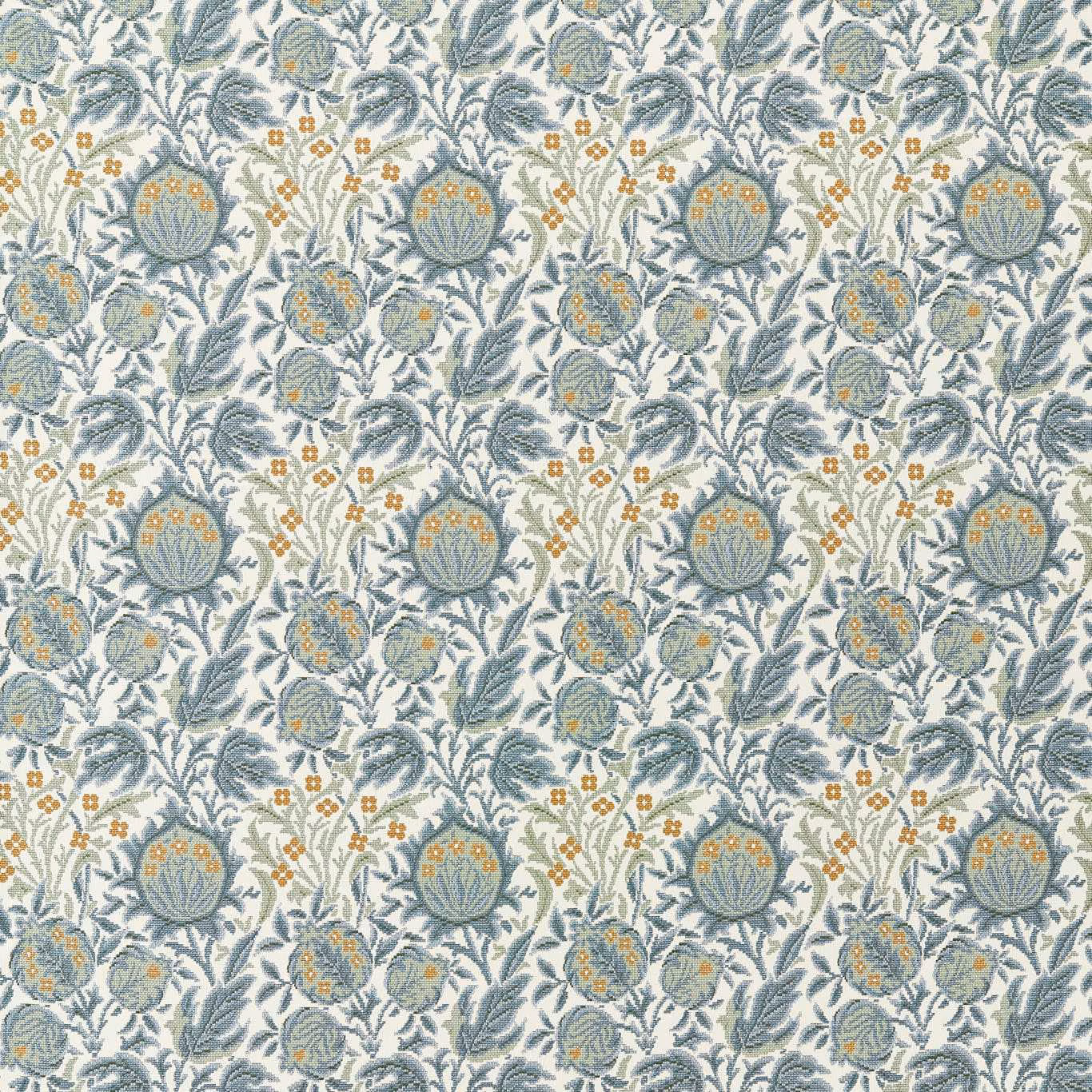 Mineral blue floral weave with cream ground, sage leaves and ochre flower accents