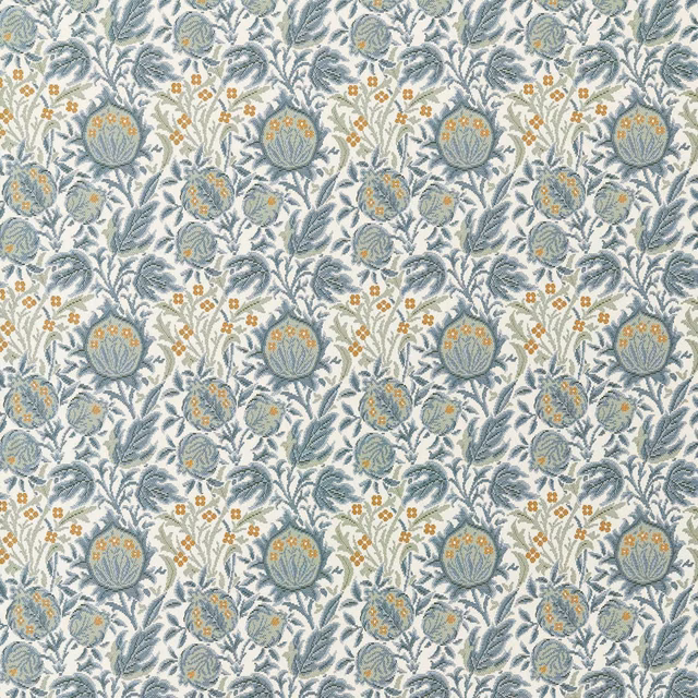 Mineral blue floral weave with cream ground, sage leaves and ochre flower accents