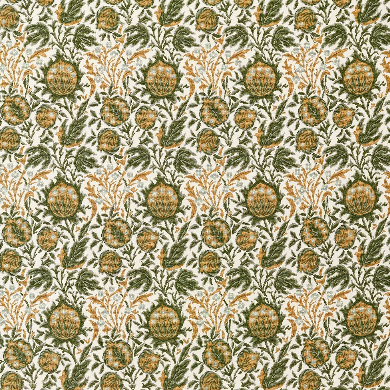 Moss green and wheat botanical weave on a cream ground with leafy flowerhead motifs
