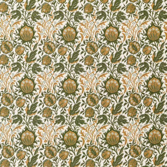 Moss green and wheat botanical weave on a cream ground with leafy flowerhead motifs