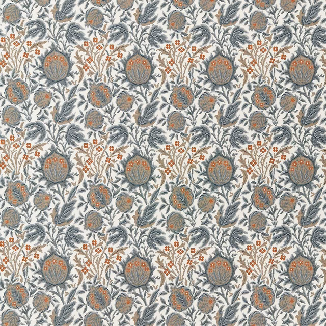Dense botanical weave with muted blue foliage and apricot flowers on an ivory ground