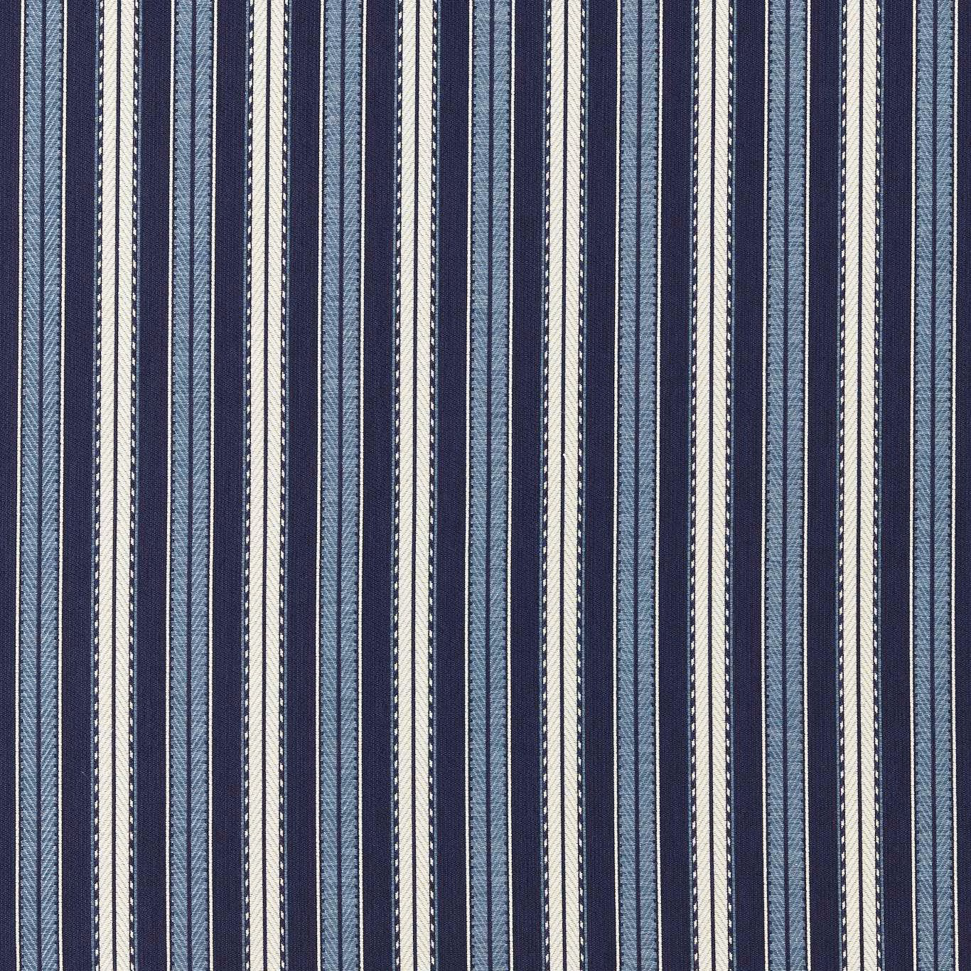 Deep indigo outdoor stripe with pale blue zigzag weave and fine cream lines